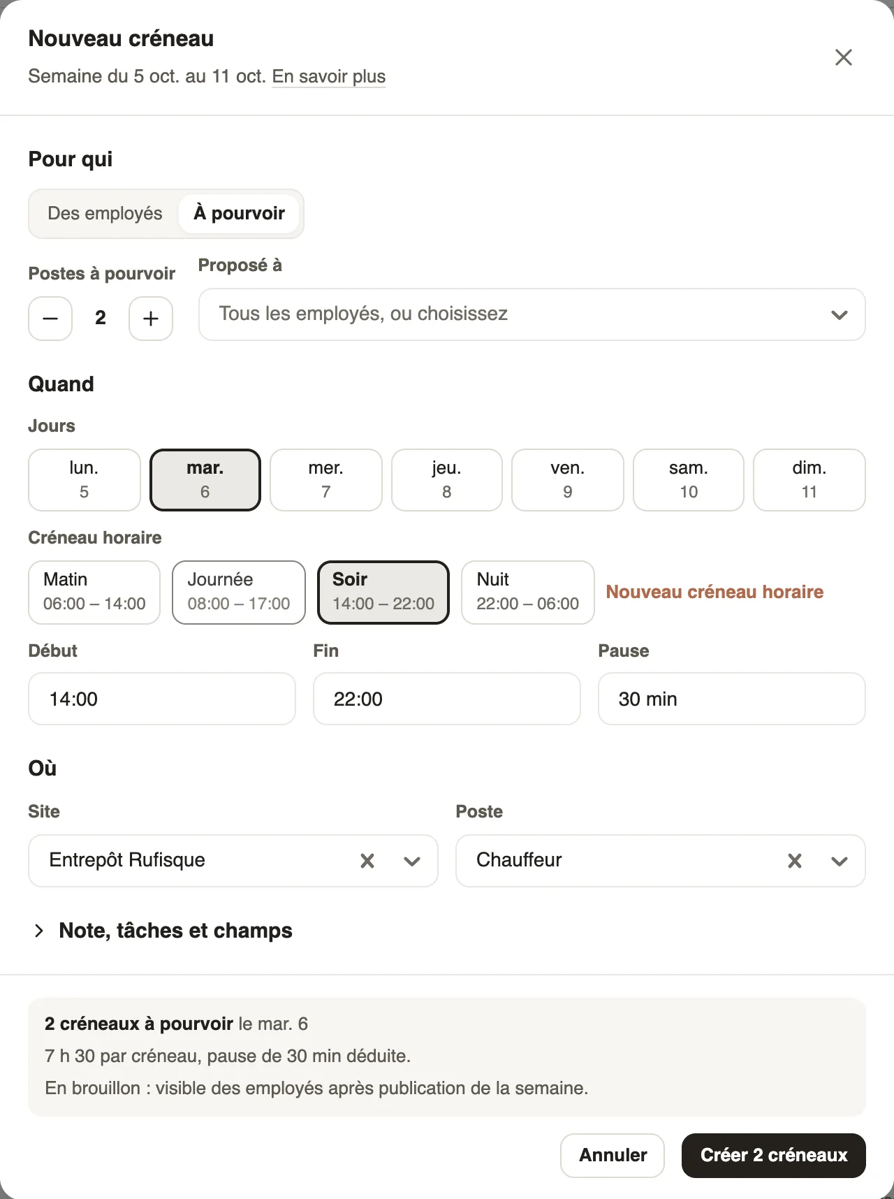 Nouveau créneau, À pourvoir : 2 postes à pourvoir, proposés à tous les employés