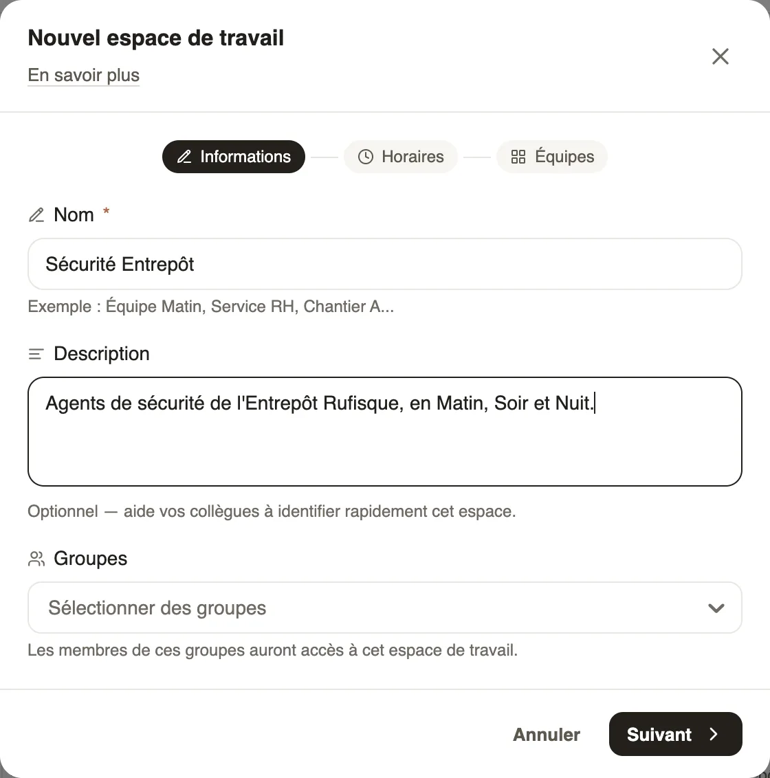 Nouvel espace de travail : nom Sécurité Entrepôt, description et groupes