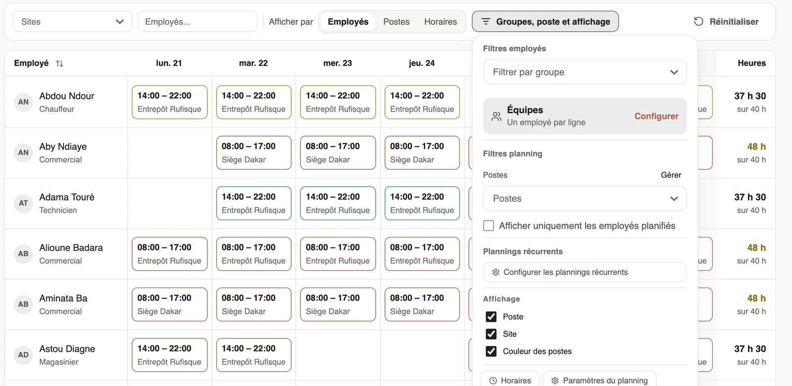 La barre de filtres et le menu Groupes, poste et affichage