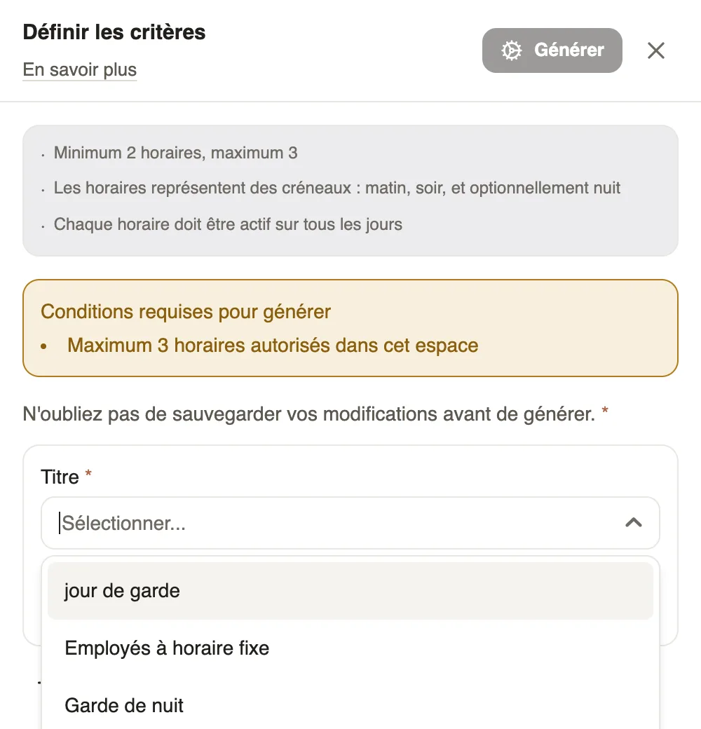 Le panneau Définir les critères, avec les conditions requises pour générer