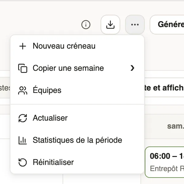 Le menu ⋯ du planning : Nouveau créneau, Copier une semaine, Équipes, Actualiser, Statistiques de la période