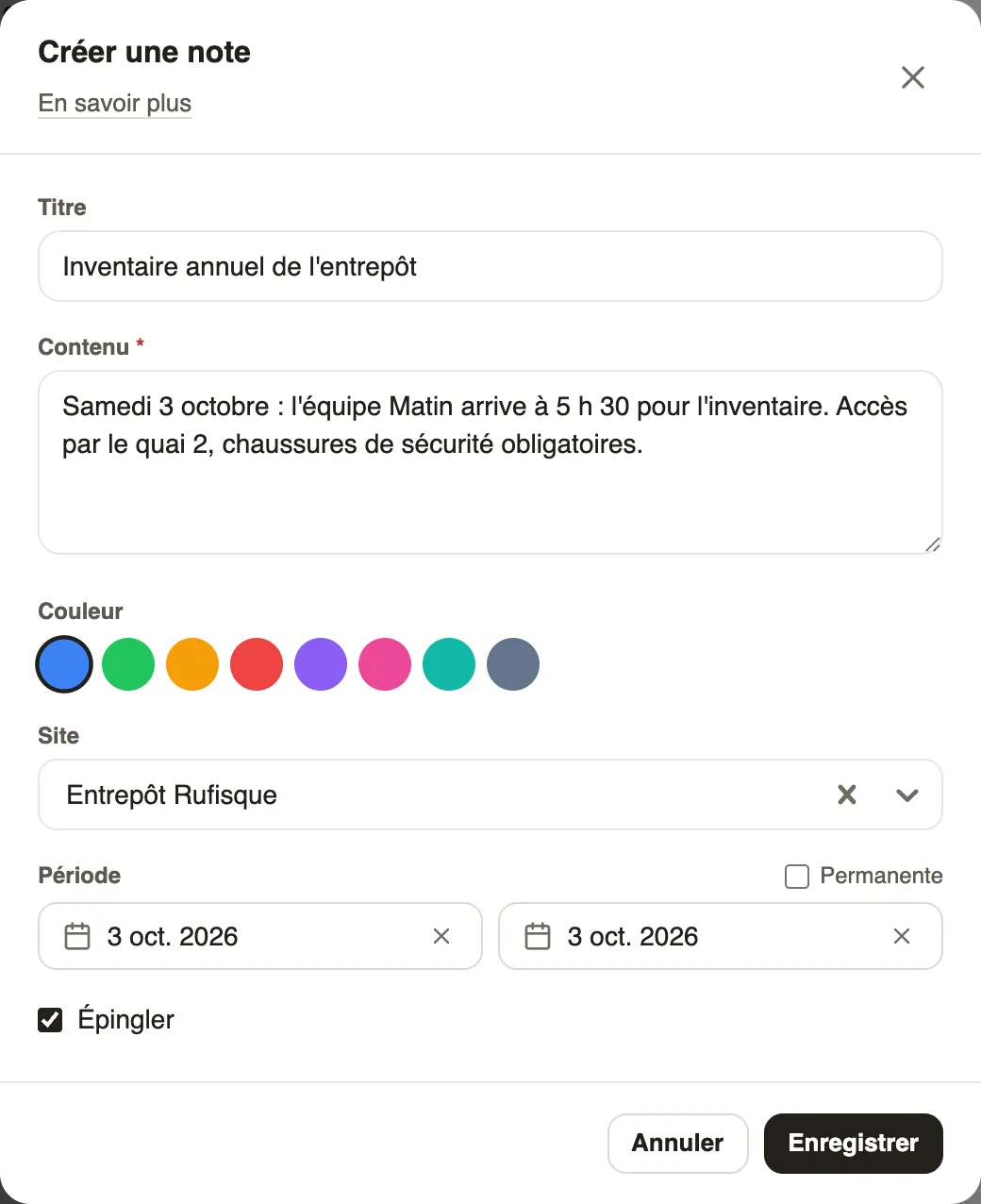 Créer une note : inventaire annuel de l'entrepôt le 3 octobre, Entrepôt Rufisque, épinglée