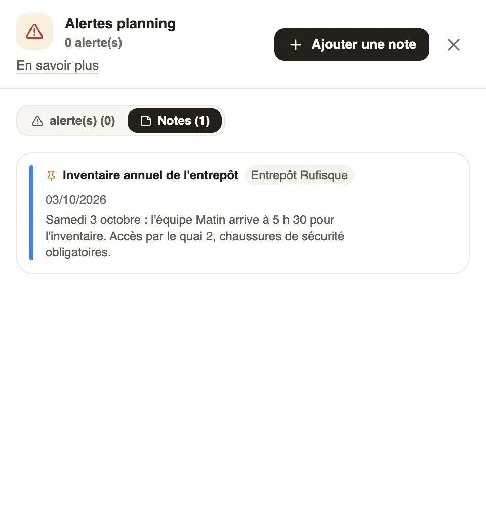 L'onglet Notes du panneau Alertes planning