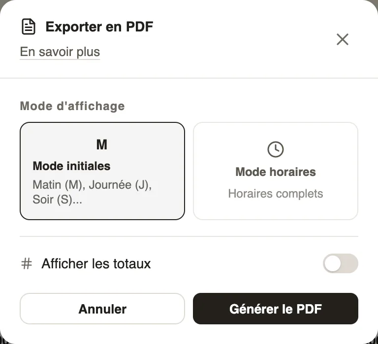 La fenêtre Exporter en PDF : mode initiales ou horaires, totaux