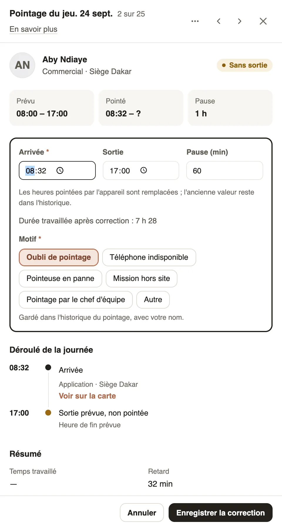 La correction d'une journée : arrivée, sortie, pause, durée après correction et motif Oubli de pointage