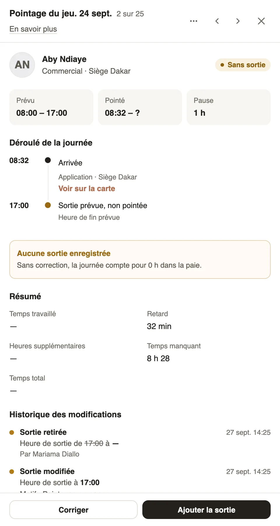 Le détail du pointage d'Aby Ndiaye : arrivée à 08:32 par l'application, sortie non pointée