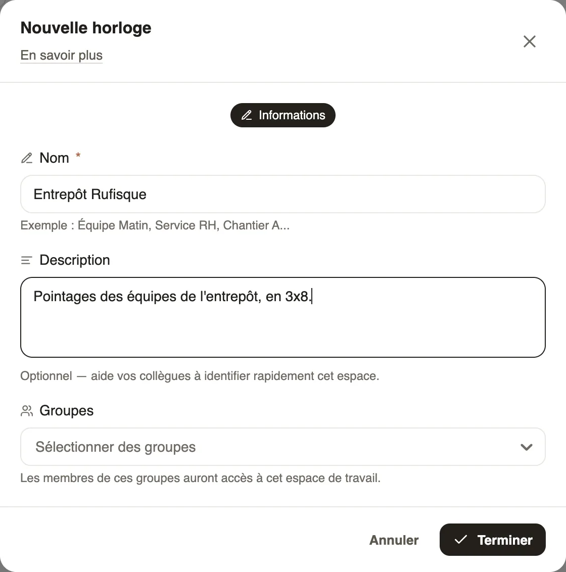 Nouvelle horloge : Entrepôt Rufisque, description et groupes