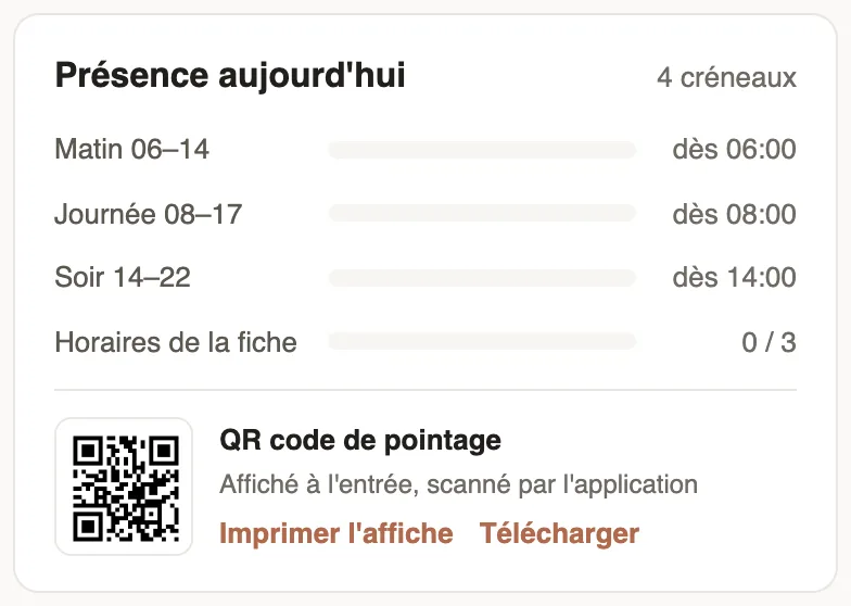 The Attendance today card before the day starts: the Morning, Day and Evening shifts, and the QR code