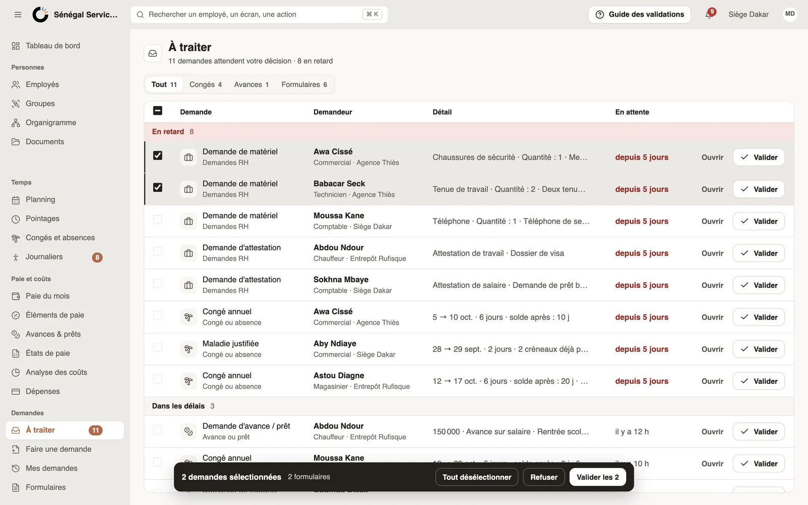 Requests → To handle: overdue requests first, two requests ticked