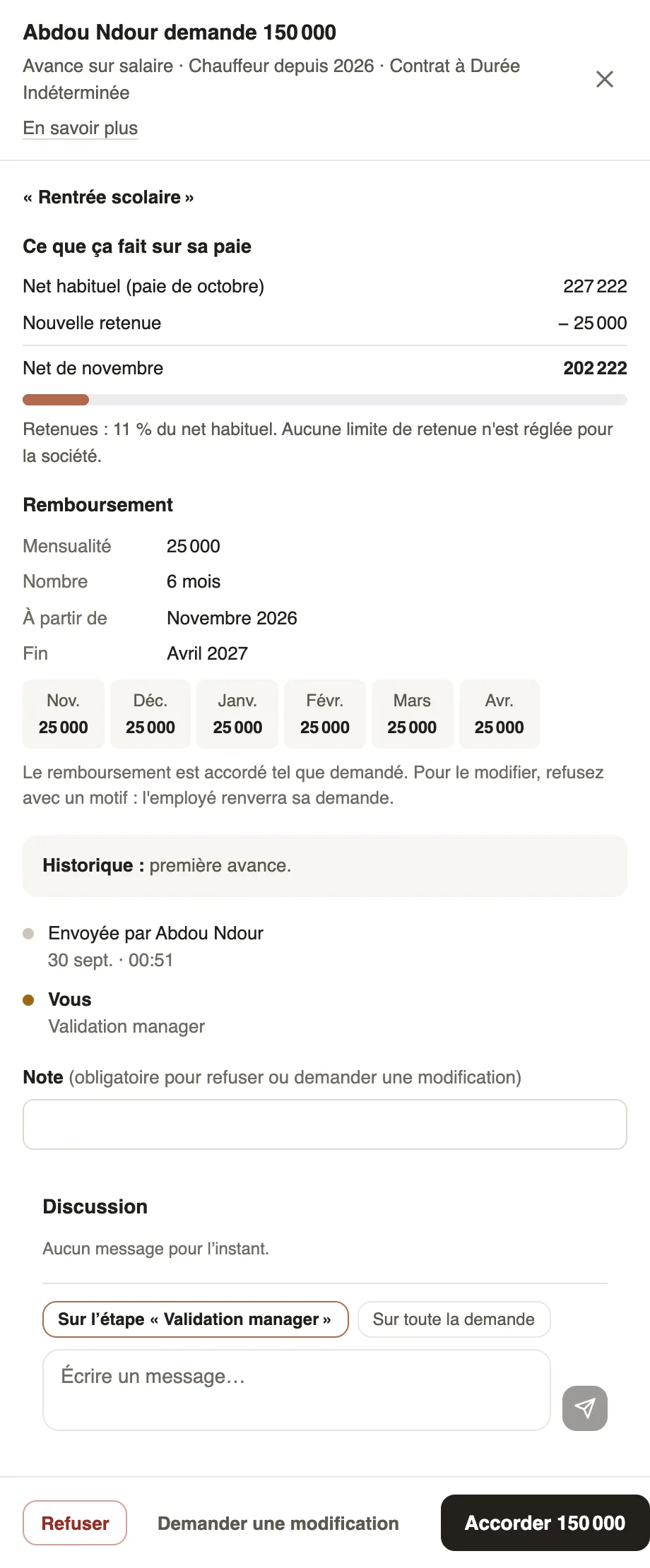 Abdou Ndour's advance request: effect on his pay, proposed repayment, discussion