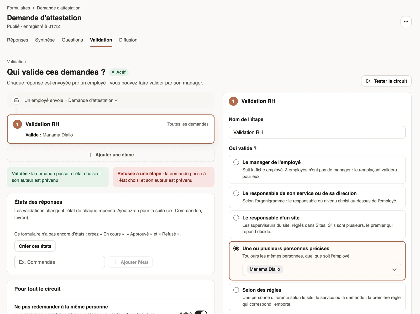 The Validation tab of the Certificate request form: one step, HR approves