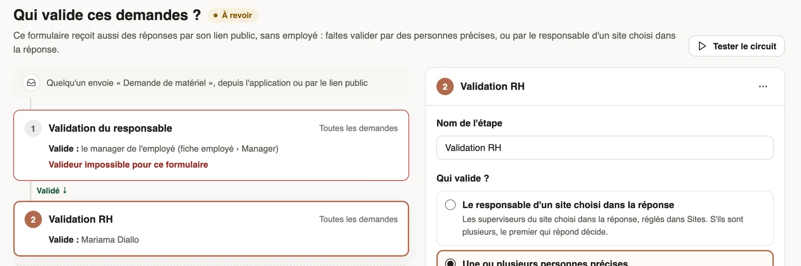 A form opened through a public link: the manager step is flagged as a validator impossible for this form