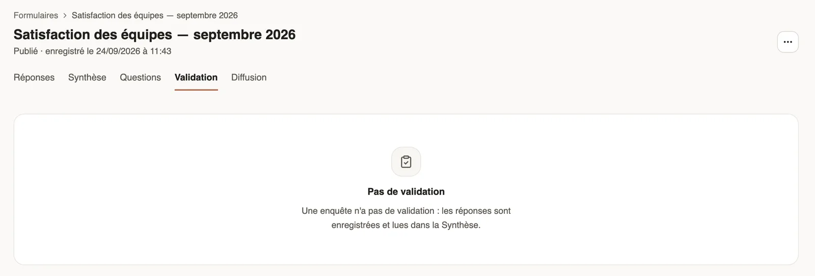 The Validation tab of a survey: no approval, answers are read in the Summary