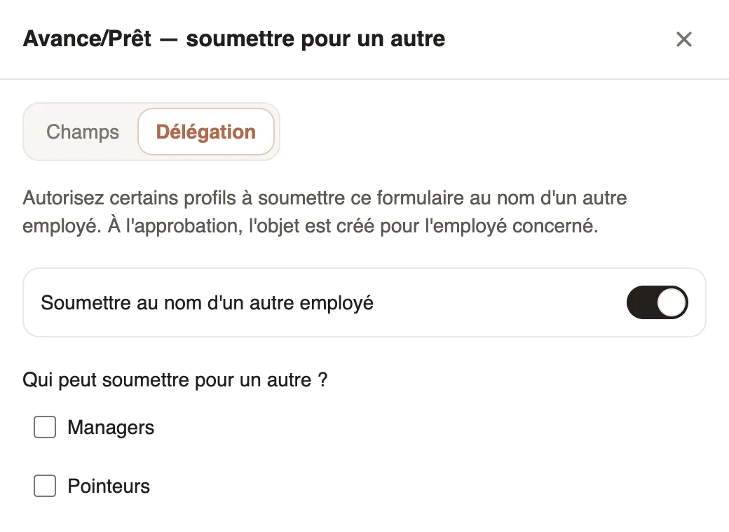 Delegation tab: Submit on behalf of another employee turned on, choice of allowed profiles