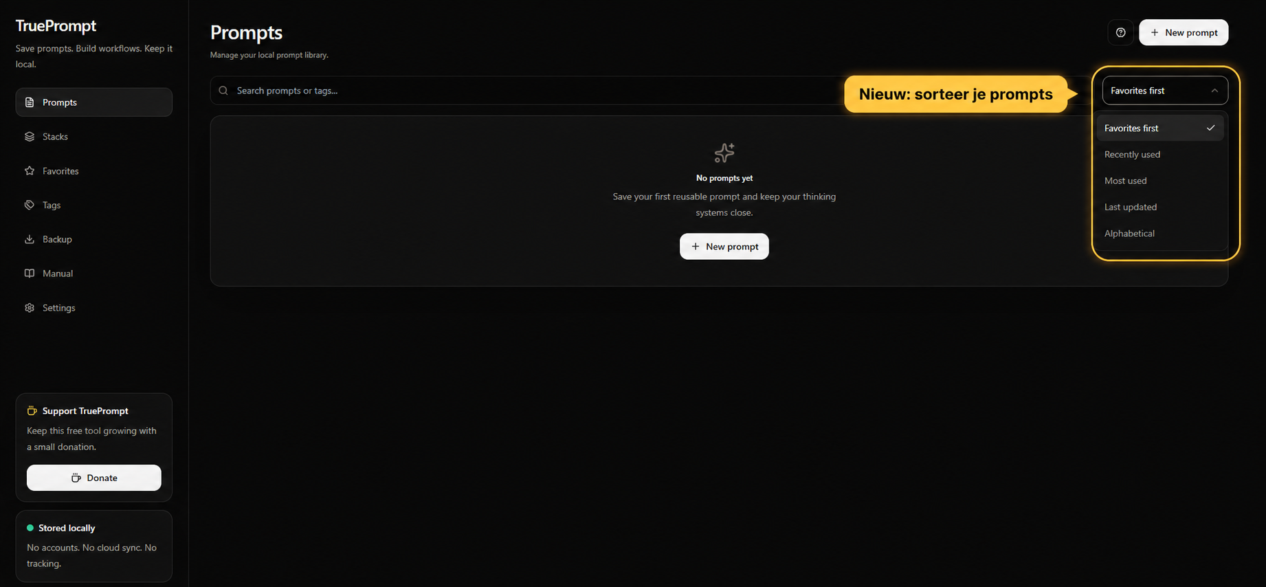 De nieuwe sorteerfunctie in TruePrompt 1.0.6.