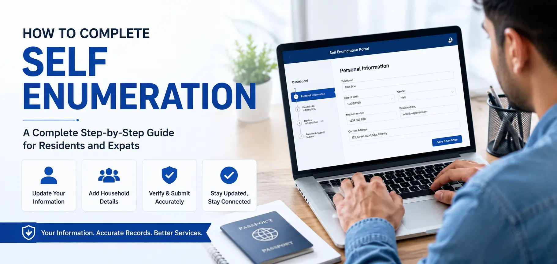 Person using a laptop to complete an online self-enumeration form with digital registration and household information da