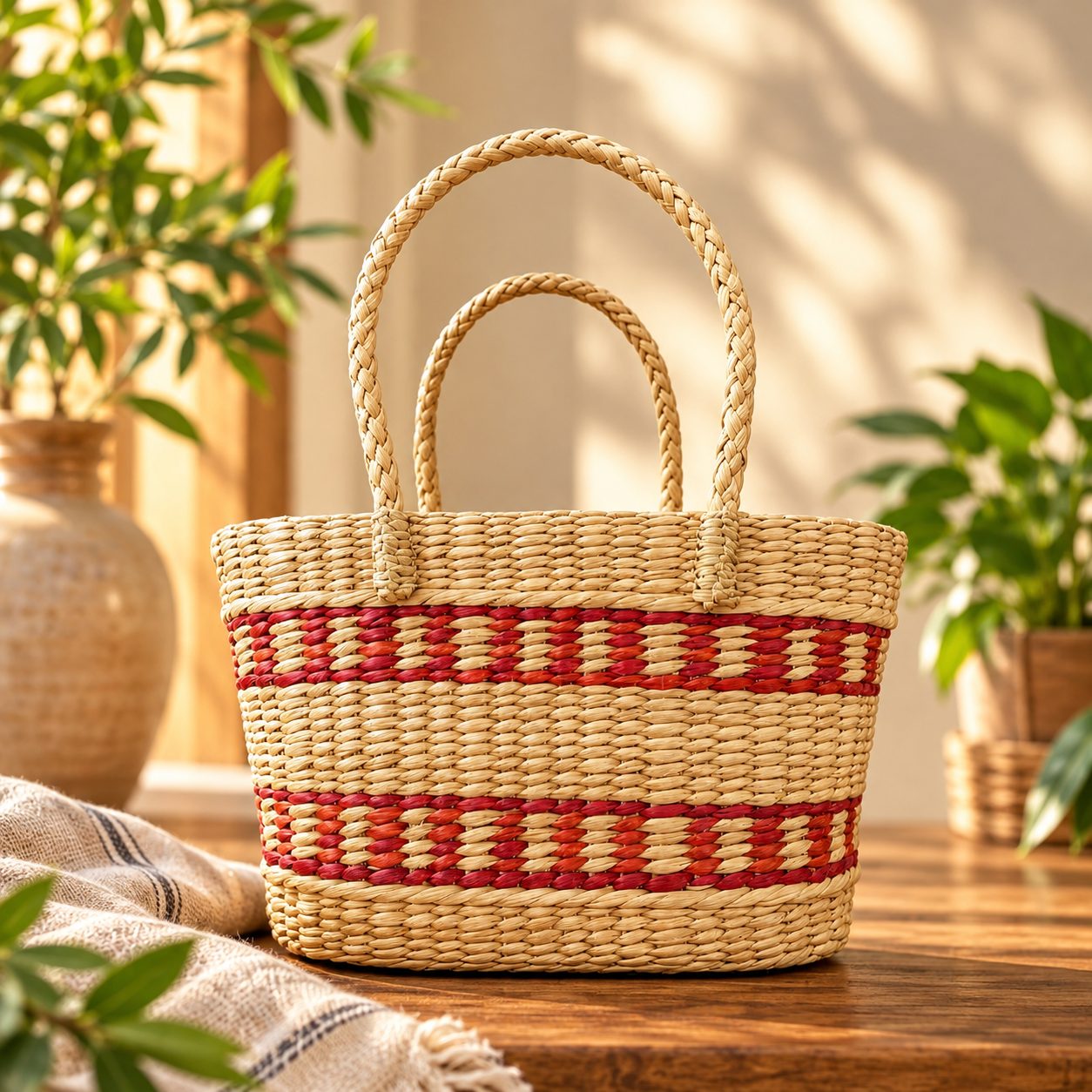 Handmade Woven Bag with Red Stripes