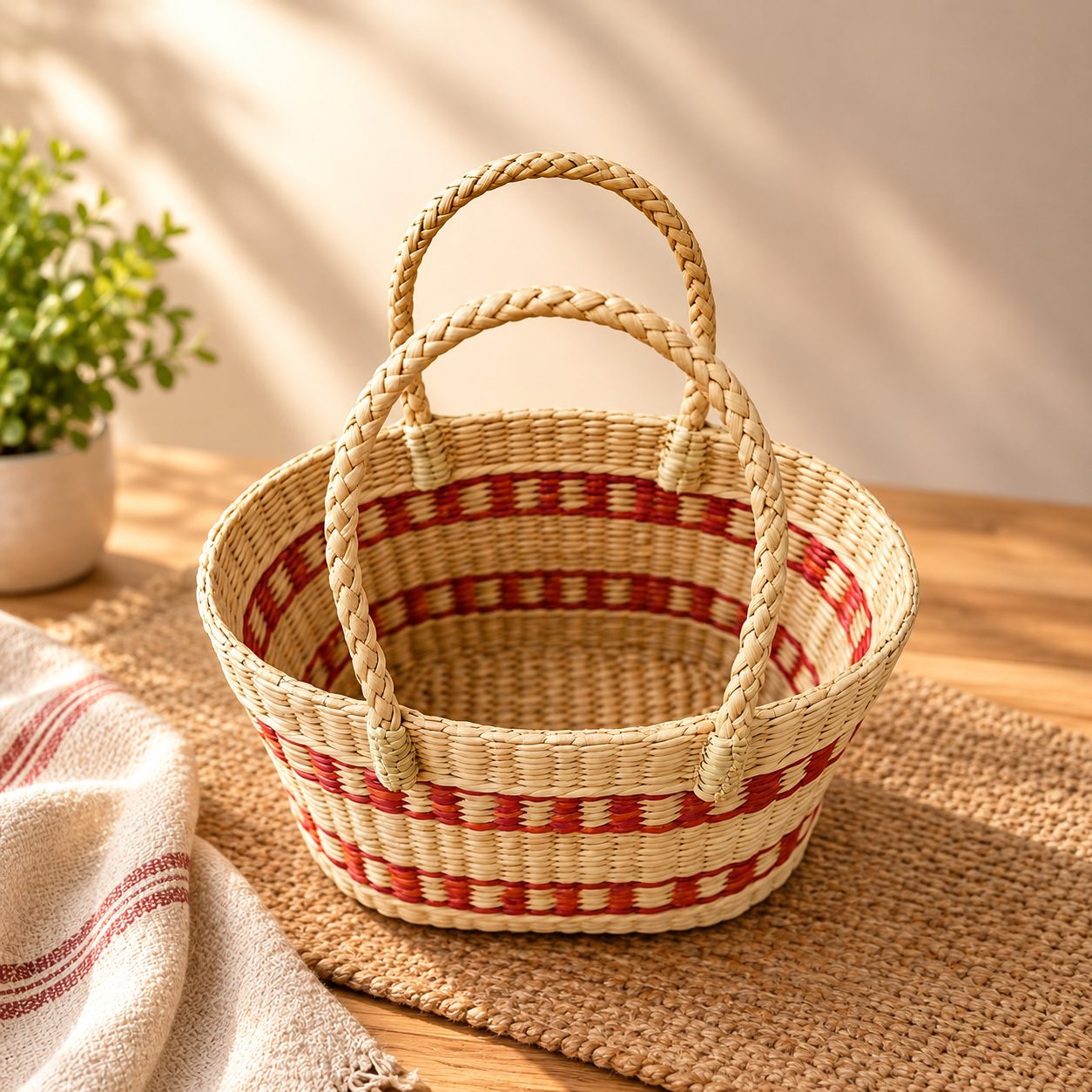Handmade Woven Bag with Red Stripes 2
