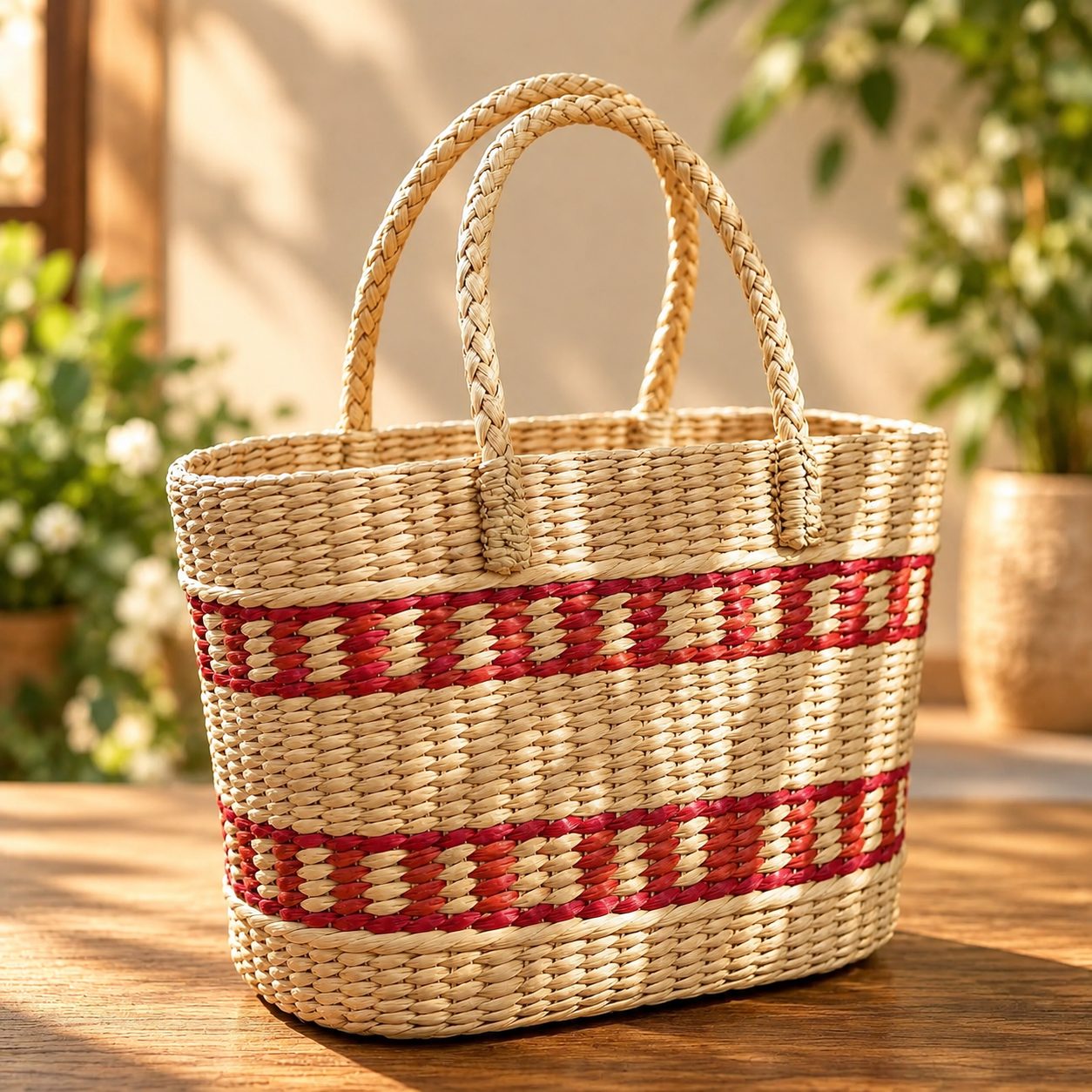Handmade Woven Bag with Red Stripes 3