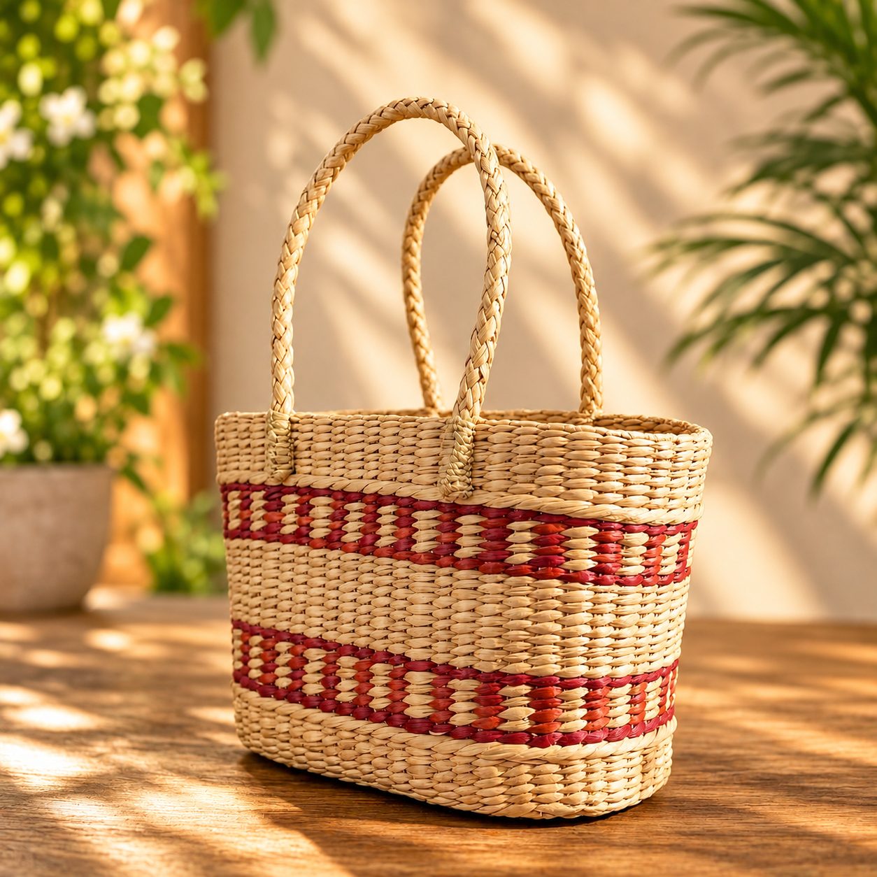 Handmade Woven Bag with Red Stripes 4