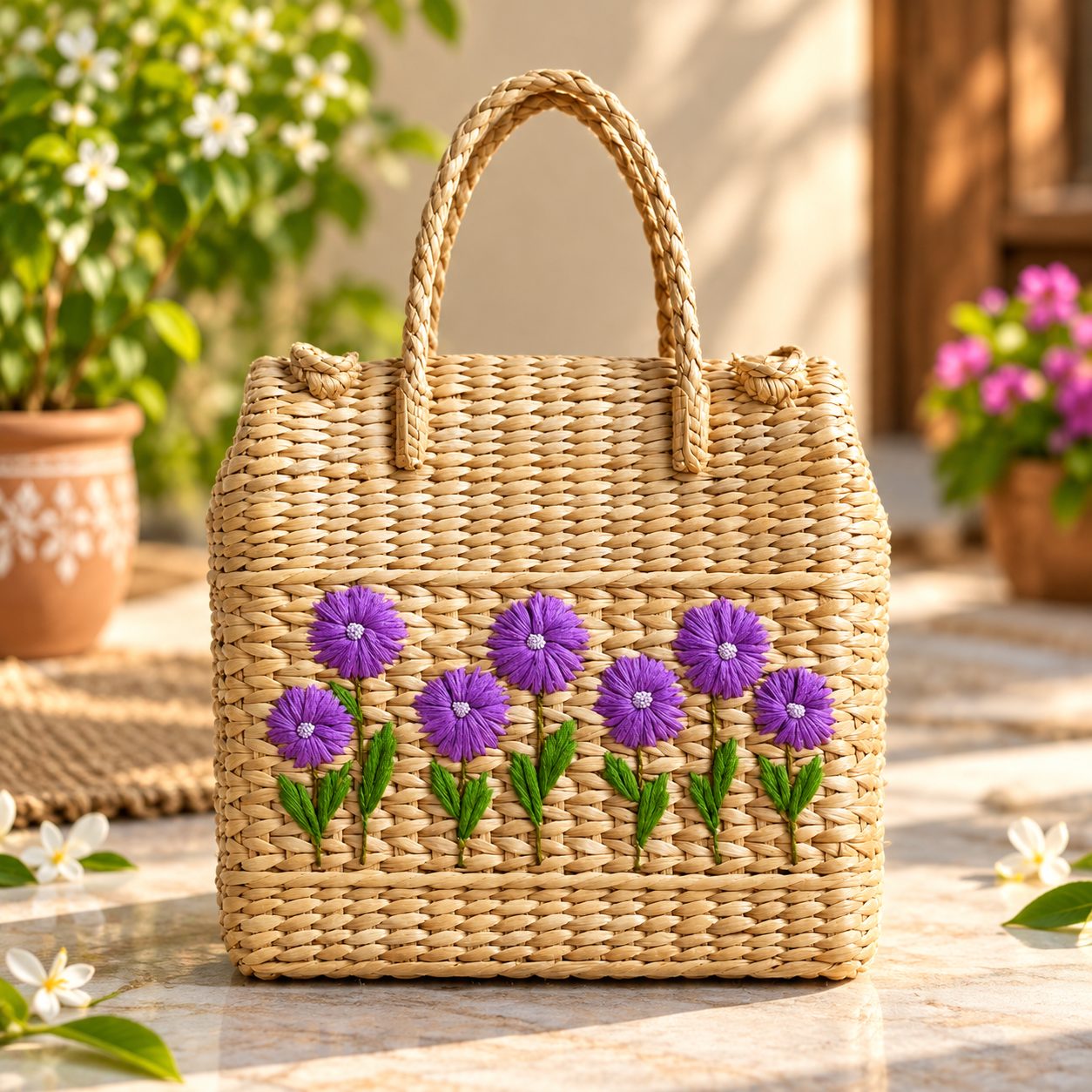 Handmade Tote Bag with Purple Floral Design