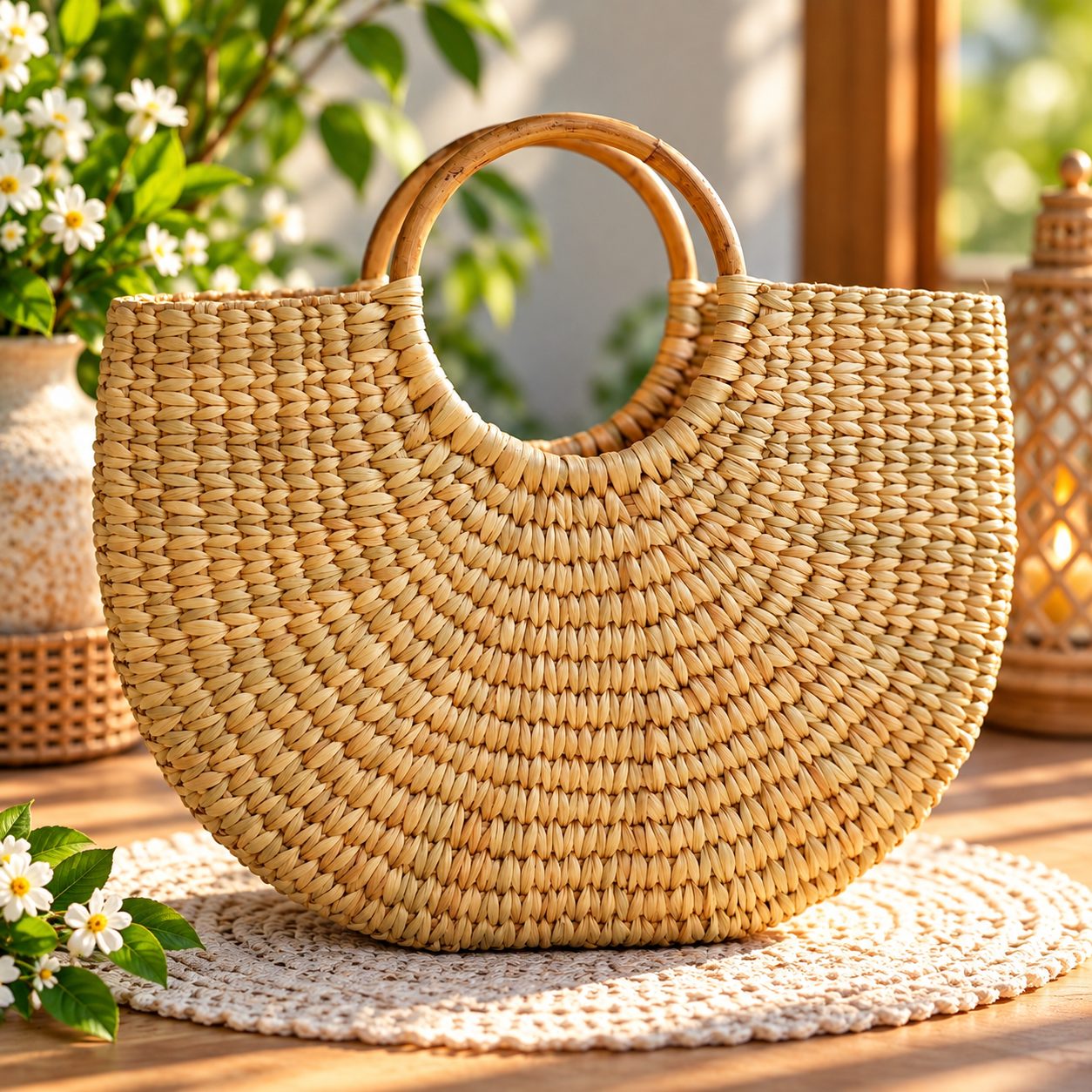 Handmade Woven U Bag with Bamboo Handles