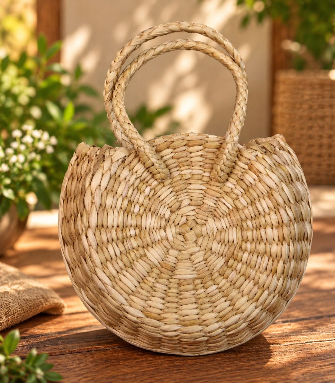 Handcrafted Round Woven Straw Tote Bag