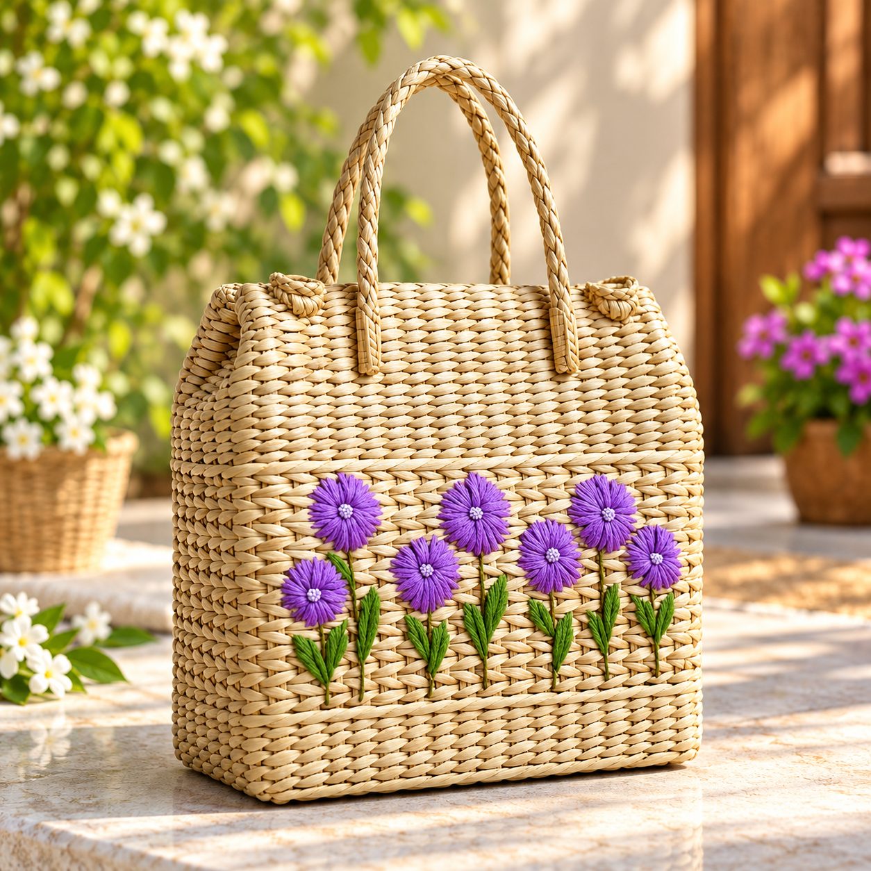 Handmade Tote Bag with Purple Floral Design 2