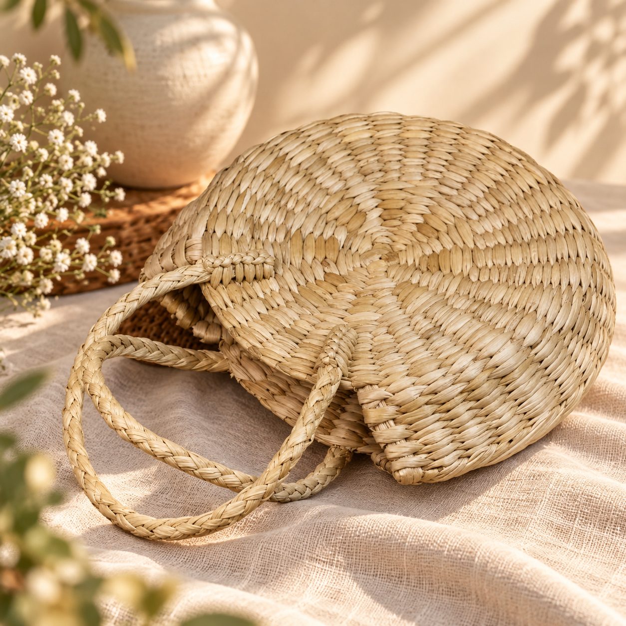 Handcrafted Round Woven Straw Tote Bag 2