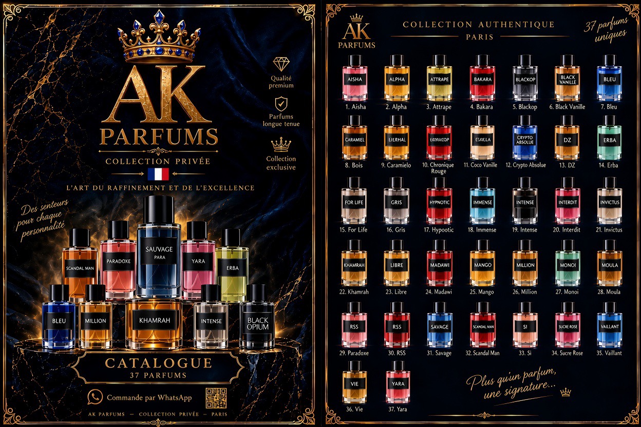 Parfum Collection Authentique Paris – 50 ml — 20 € Lot de 2 parfums – 50 ml chacun — 35 € Lot de 3 parfums – 50 ml chacun — 50 €