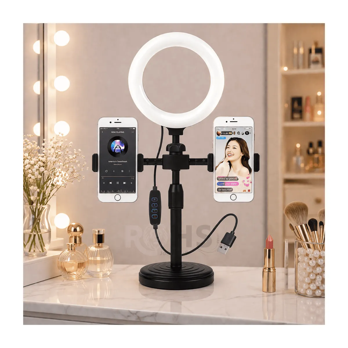 ARO DE LUZ CON DOBLE SOPORTE DE CELULAR
