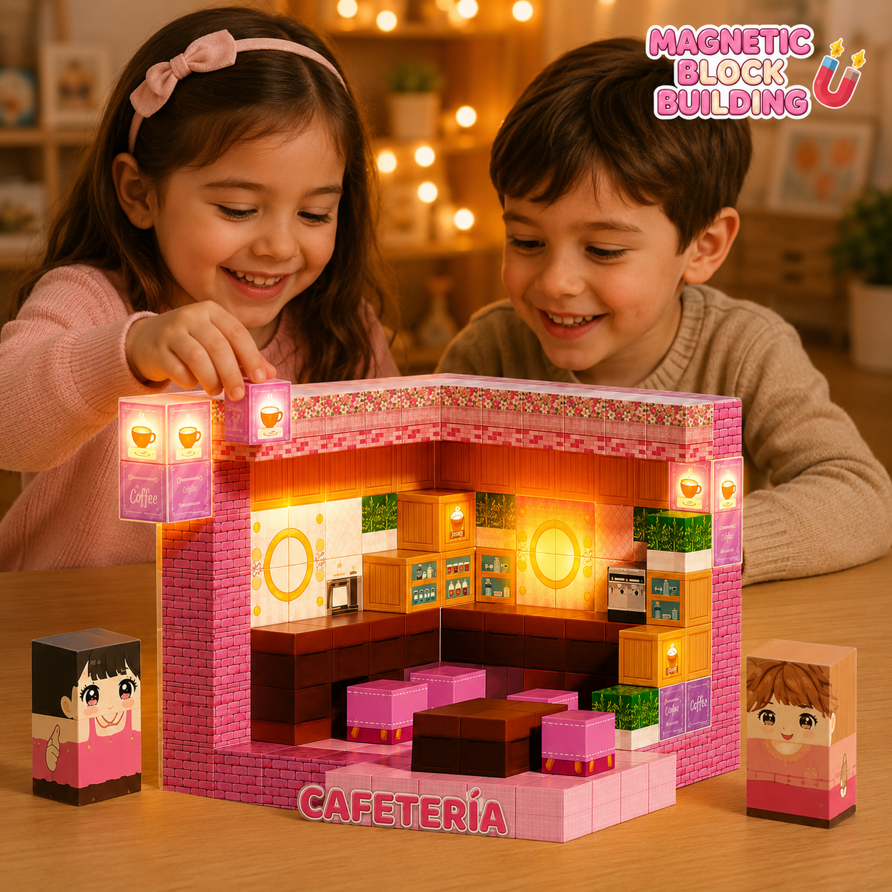  BLOQUES MAGNÉTICOS DE MINECRAFT MODELO CAFETERÍA CON LUCES - 200 PIEZAS