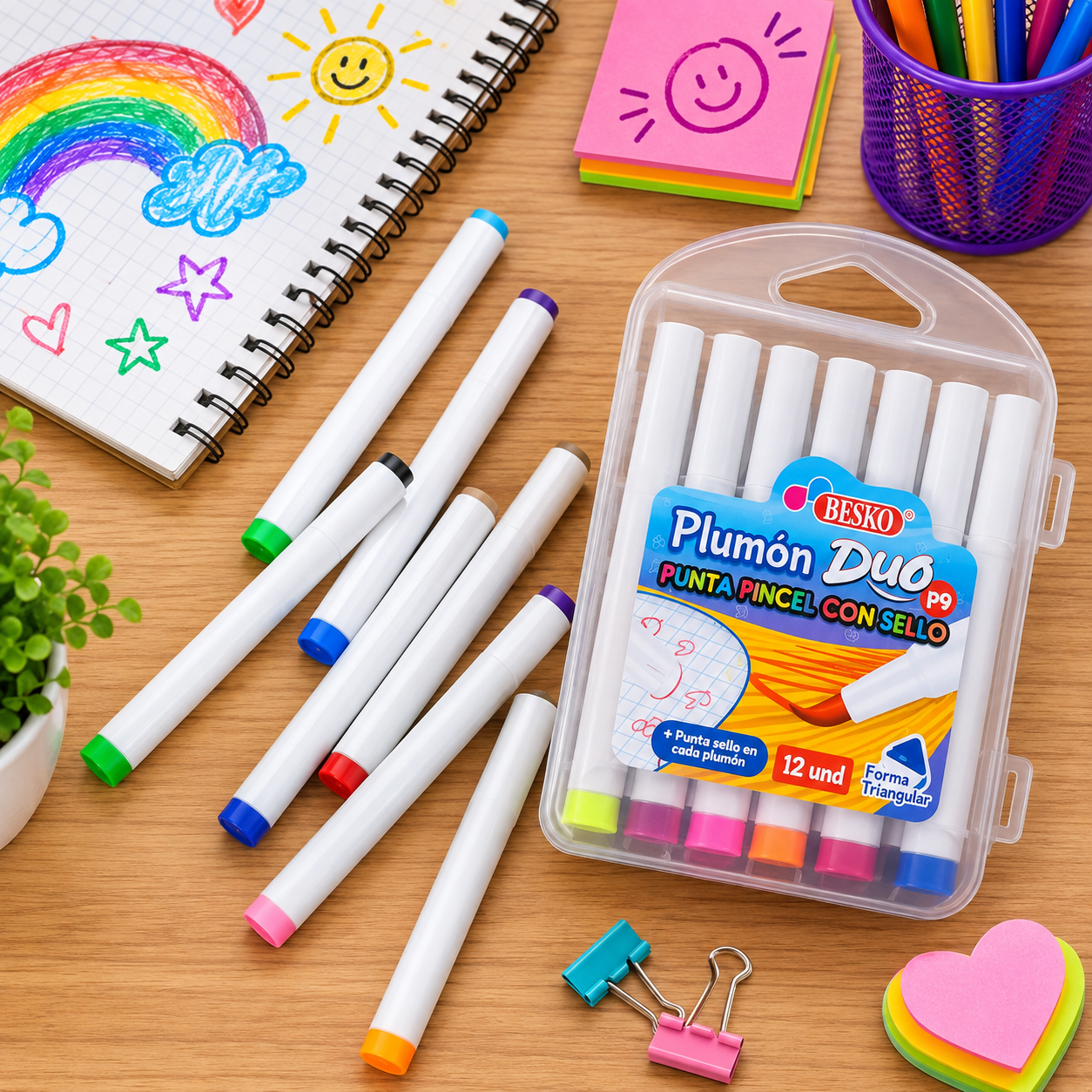 BOX DE 12 PLUMONES DUO PUNTA PINCEL CON SELLO