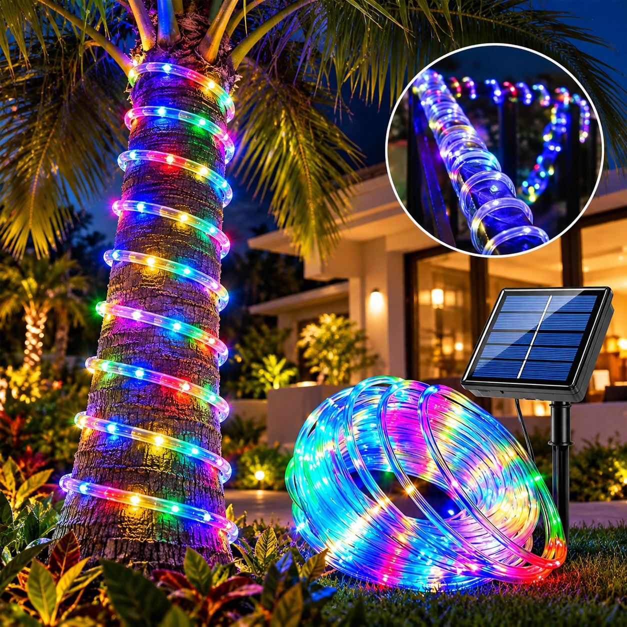 MANGUERA LED MULTICOLOR CON CONTROL Y PANEL SOLAR – 10 METROS