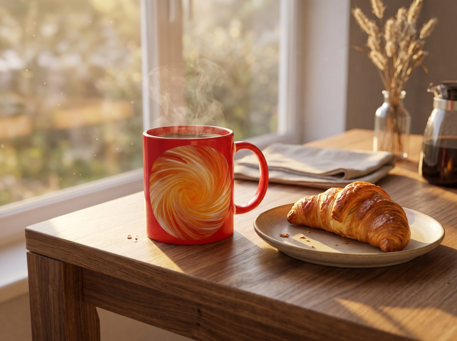 Motivationstasse „Morning Power“ – Tasse mit Spruch, Wirbel in Rot und Orange, versandkostenfrei
