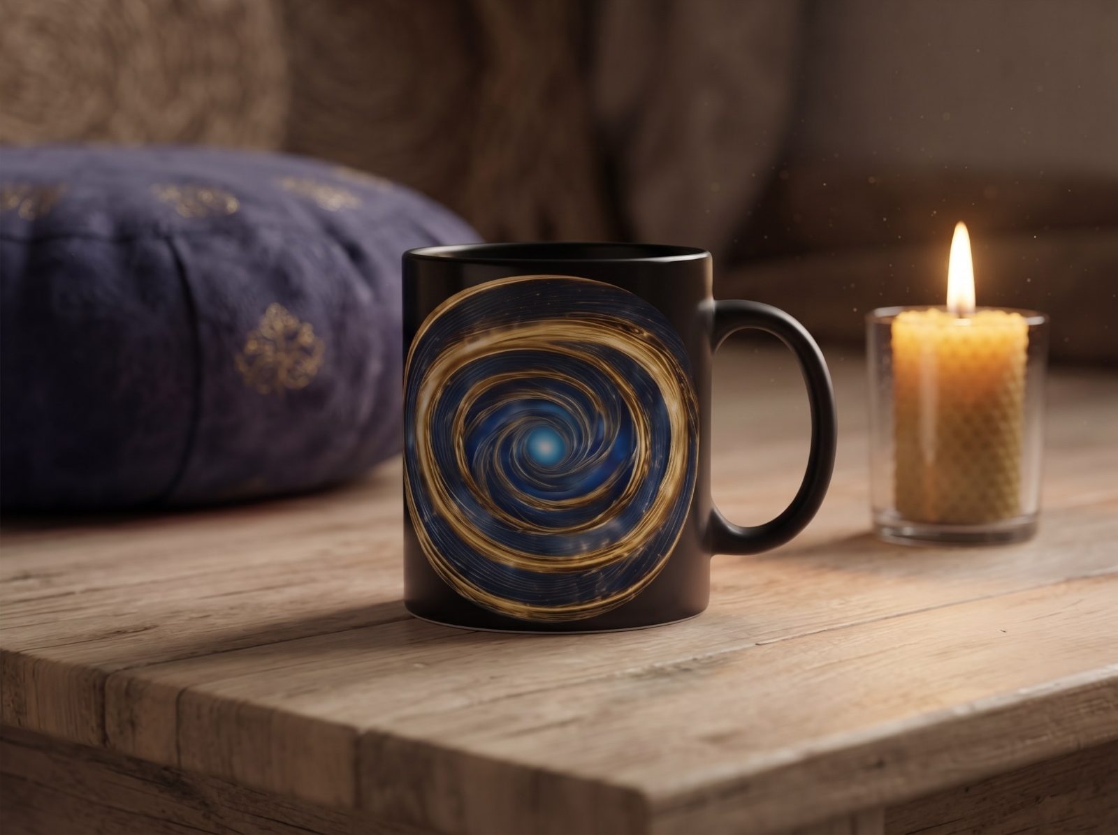 Motivationstasse „Find your center“ – Tasse mit Spruch, Wirbel in Blau und Gold, versandkostenfrei
