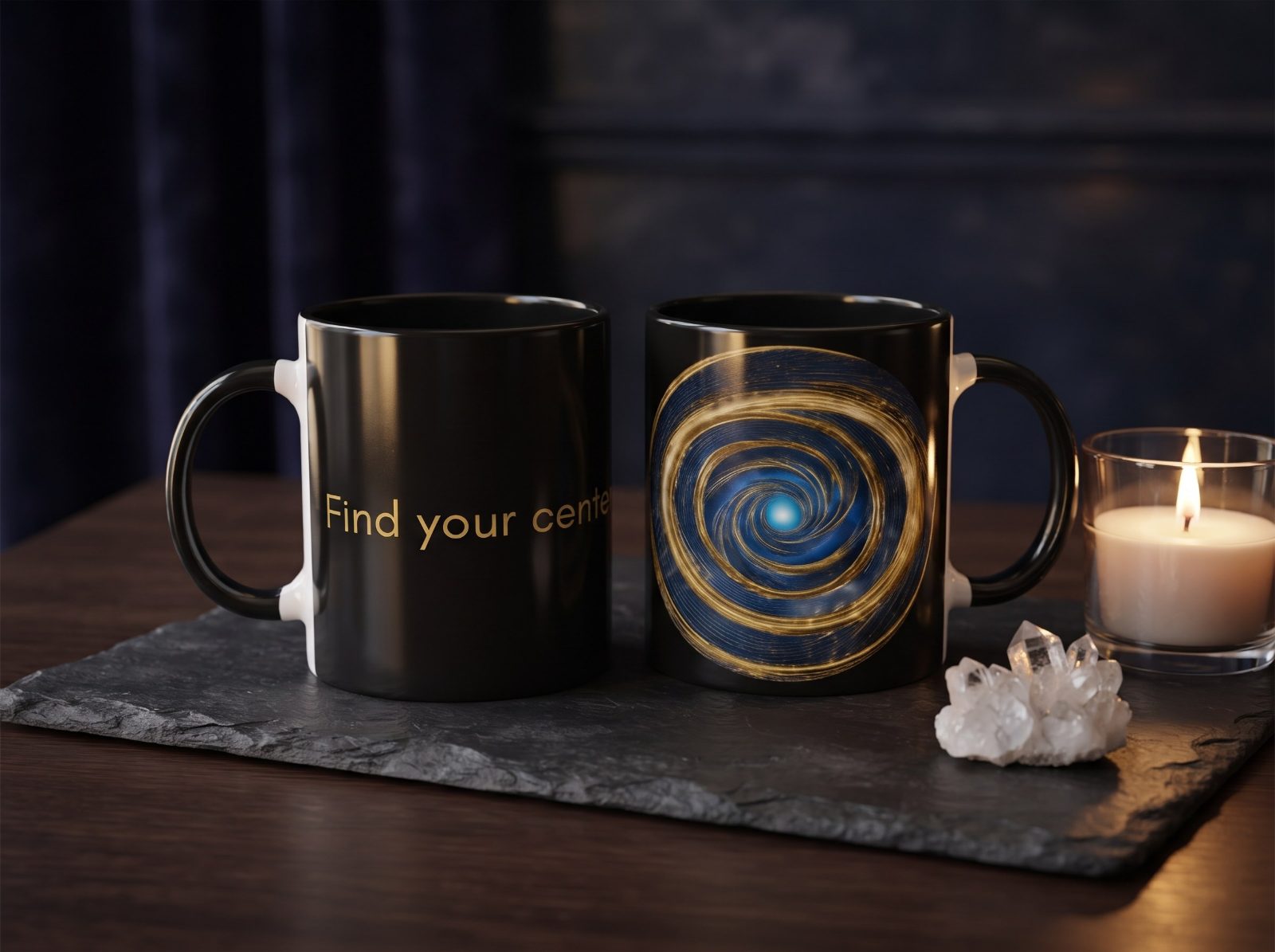 Motivationstasse „Find your center“ – Tasse mit Spruch, Wirbel in Blau und Gold, versandkostenfrei 3