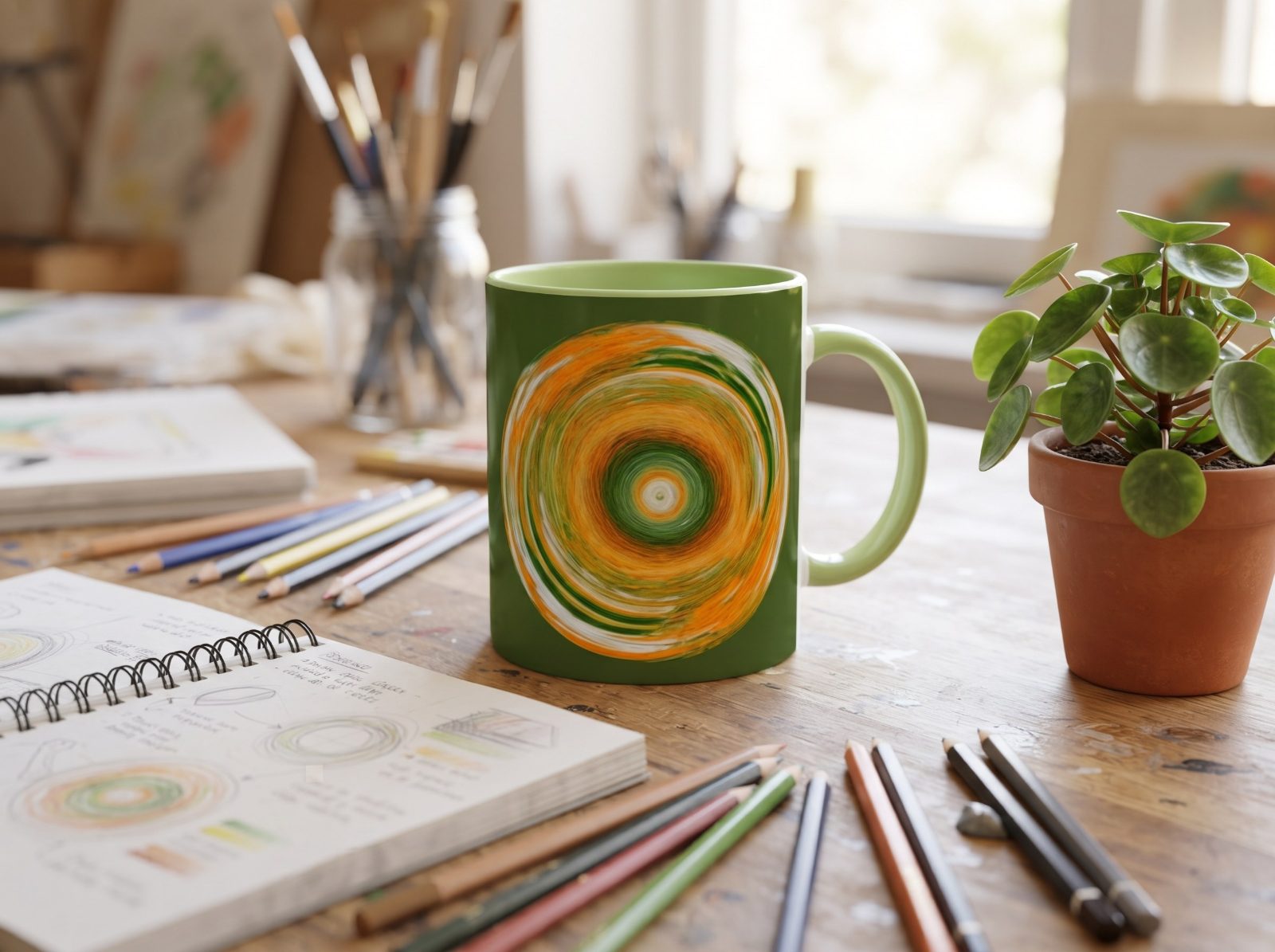 Motivationstasse „Fuel your inner spark“ – Tasse mit Spruch, Wirbel in Grün und Orange, versandkostenfrei