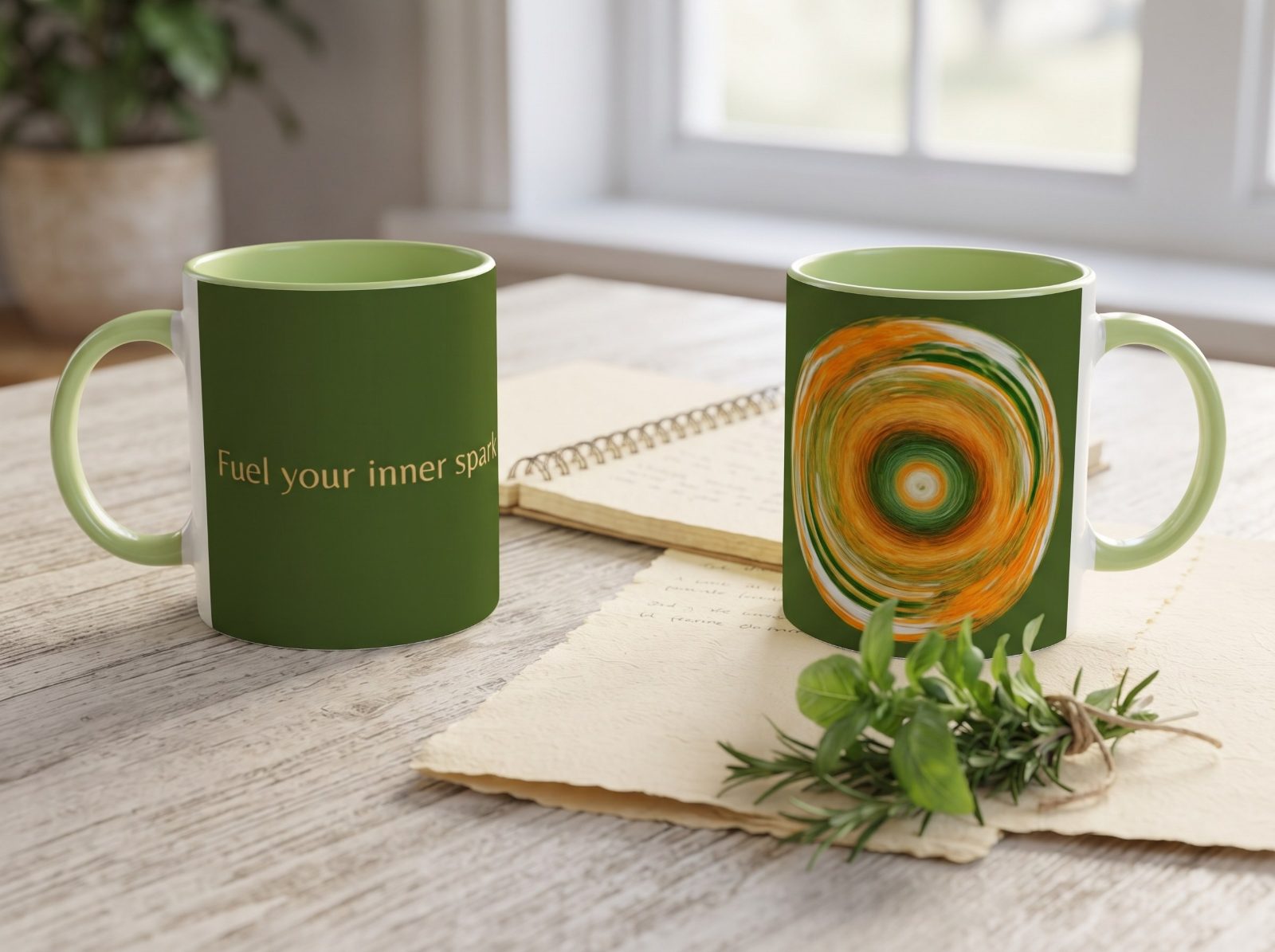 Motivationstasse „Fuel your inner spark“ – Tasse mit Spruch, Wirbel in Grün und Orange, versandkostenfrei 3