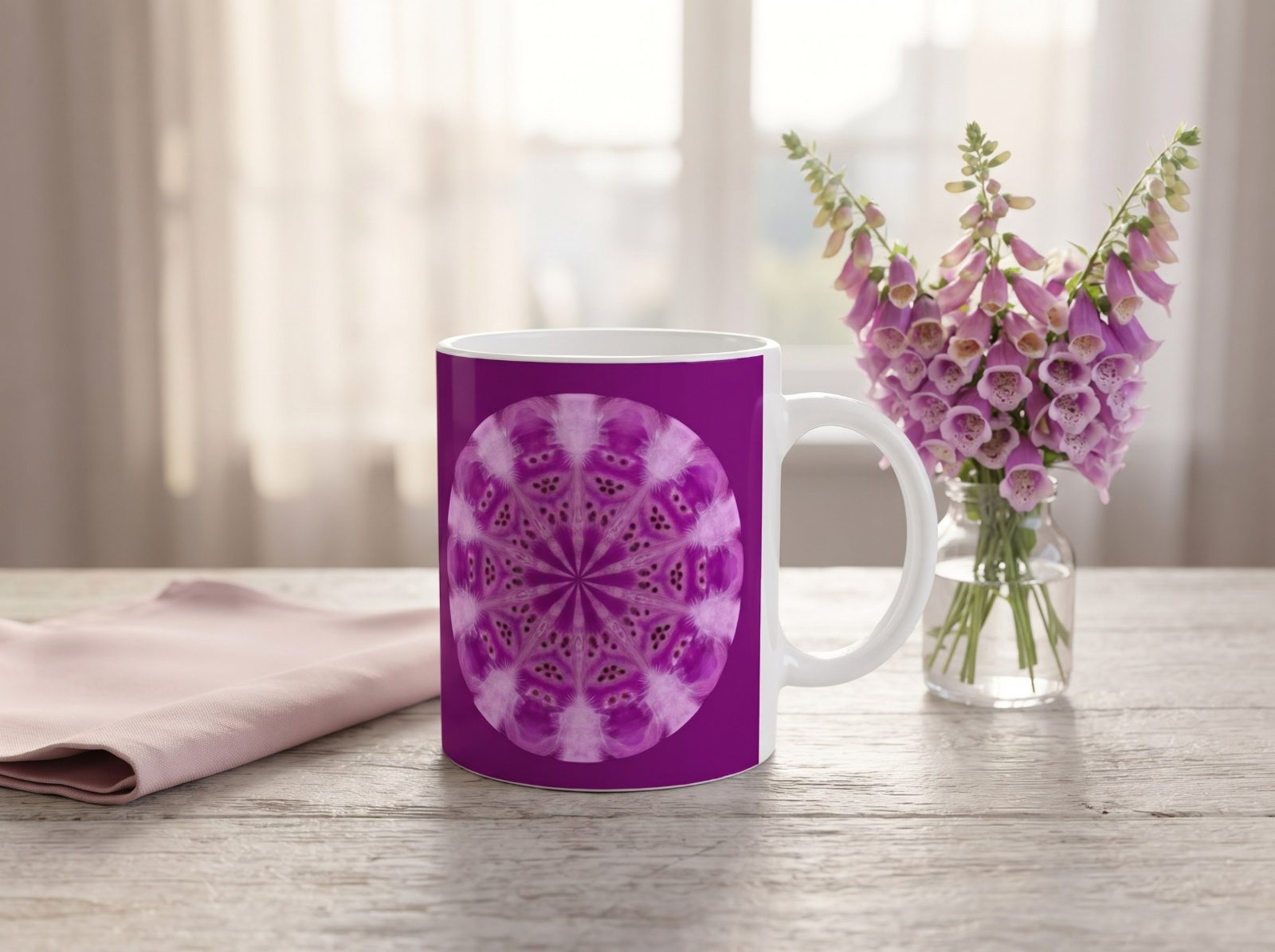 Designertasse Fingerhut-Mandala „Schutz und tiefe Verbundenheit“ – Tasse mit Spruch, versandkostenfrei | Florestella-Artwork