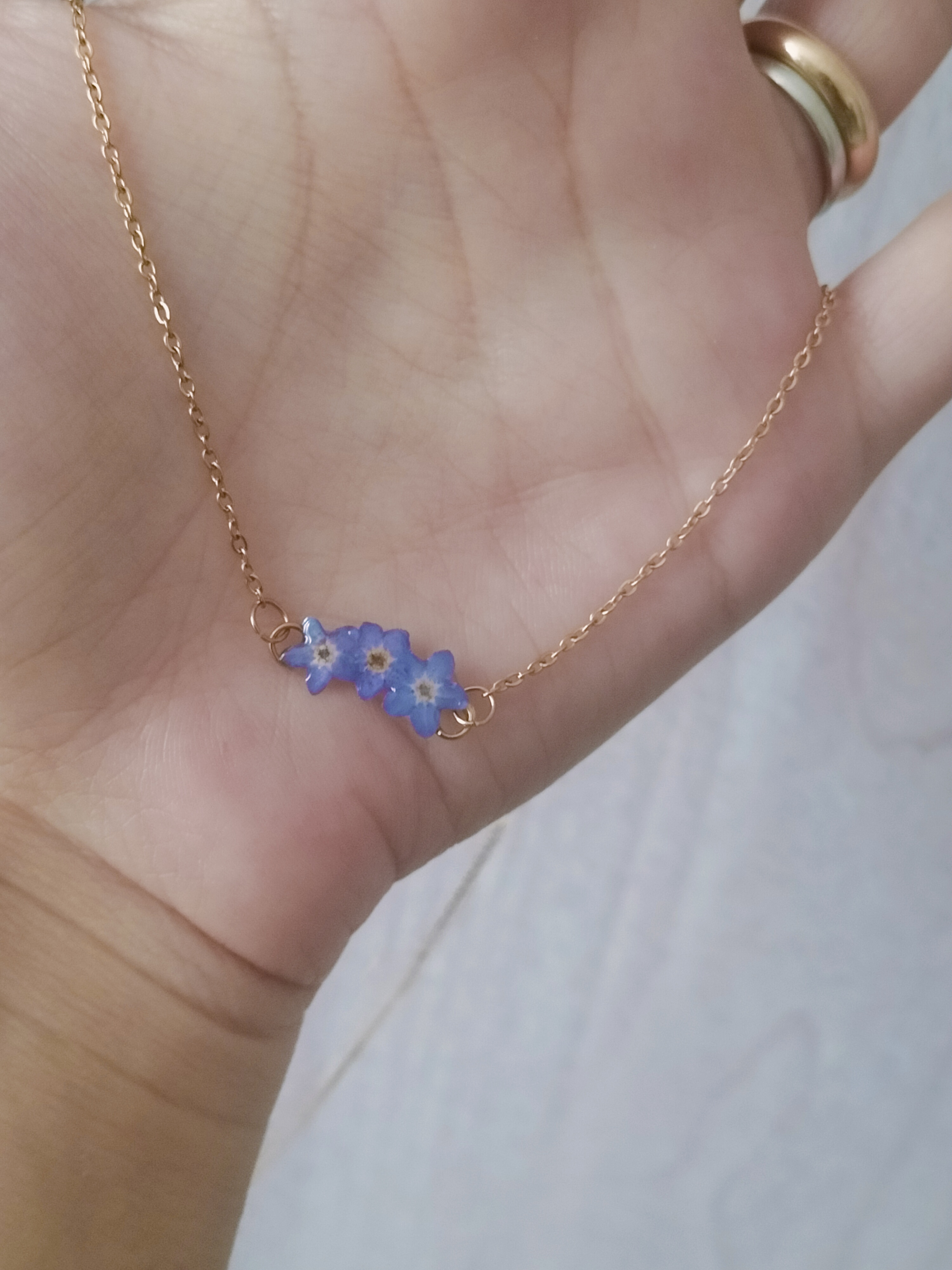 Collana artigianale tris di Myosotis (non ti scordar di me)