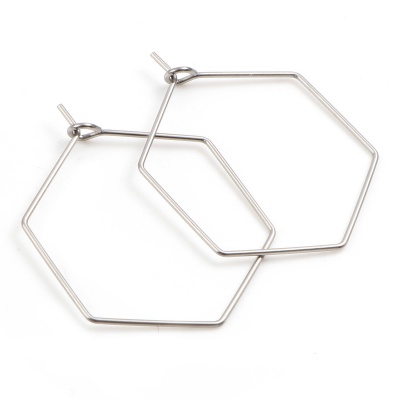 Pendientes de aro de acero inoxidable 304, tono plateado hexagonal, 32 mm x 25 mm