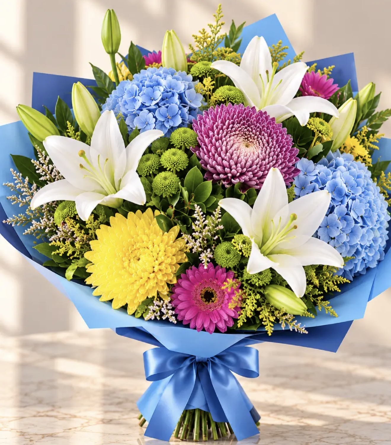 Bouquet Éclat d'Azur - Hortensia Bleu & Lys Blancs