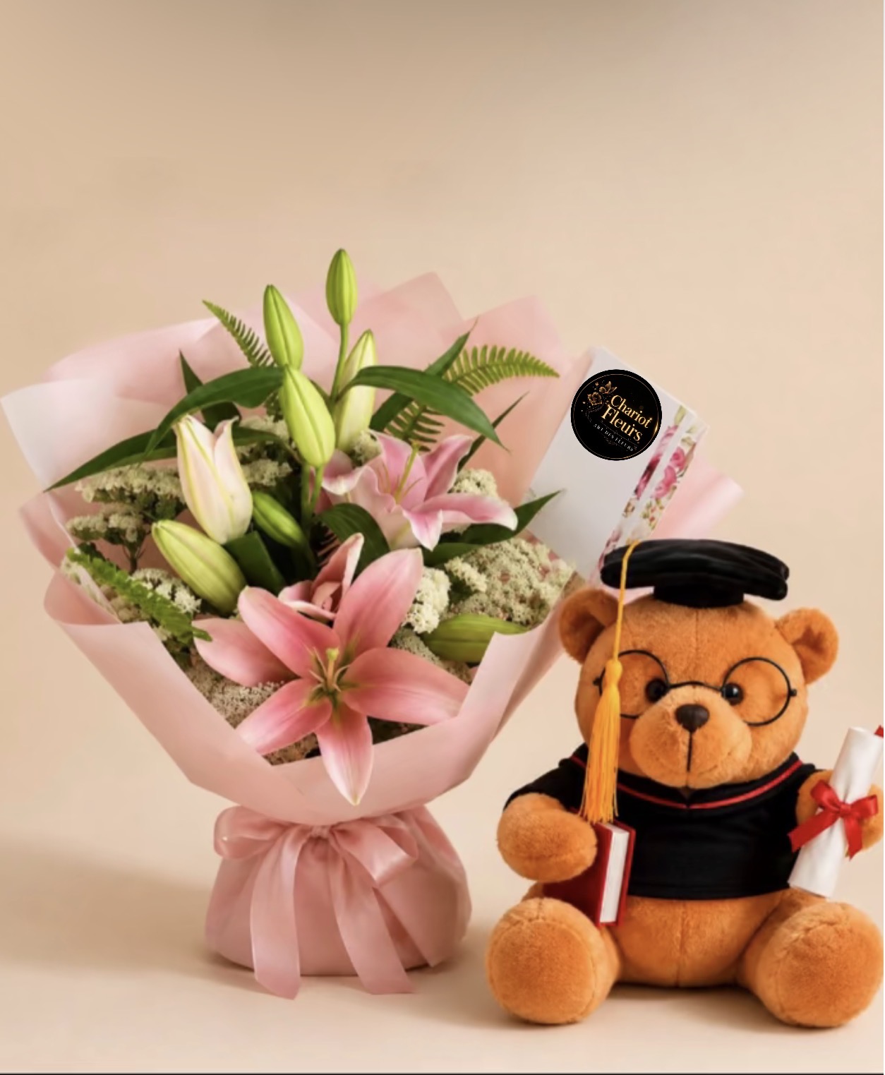 Bouquet Lys Rose & Ourson Diplômé
