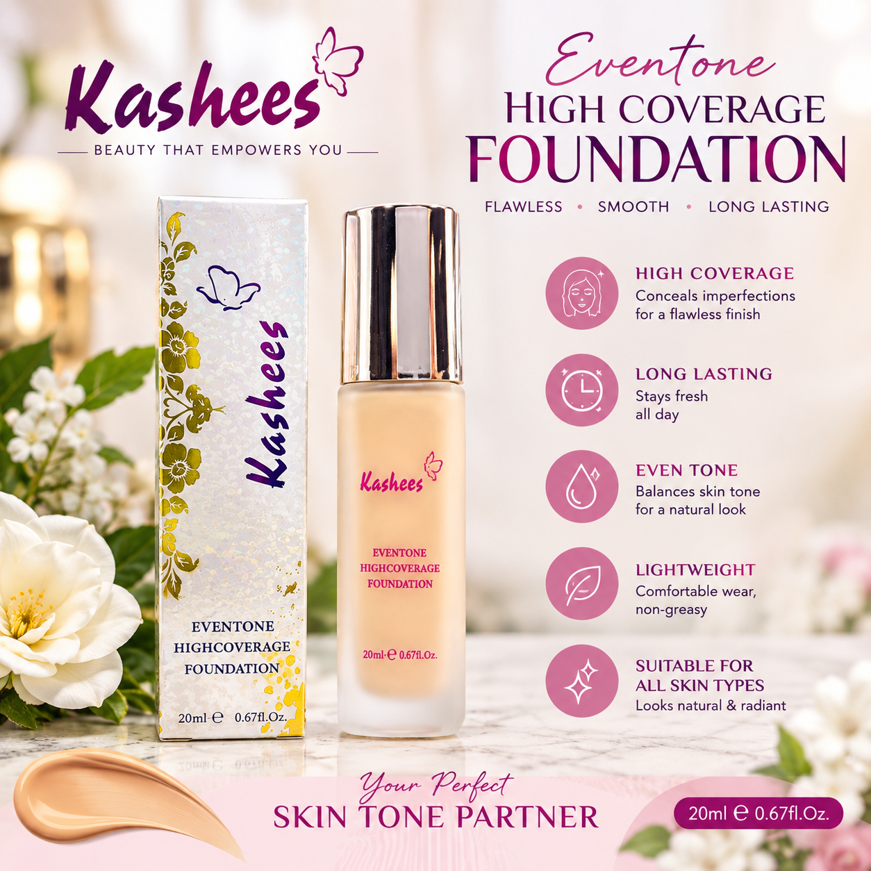 Kashees Foundation 20ml High Coverage All Skin Types - Image 1