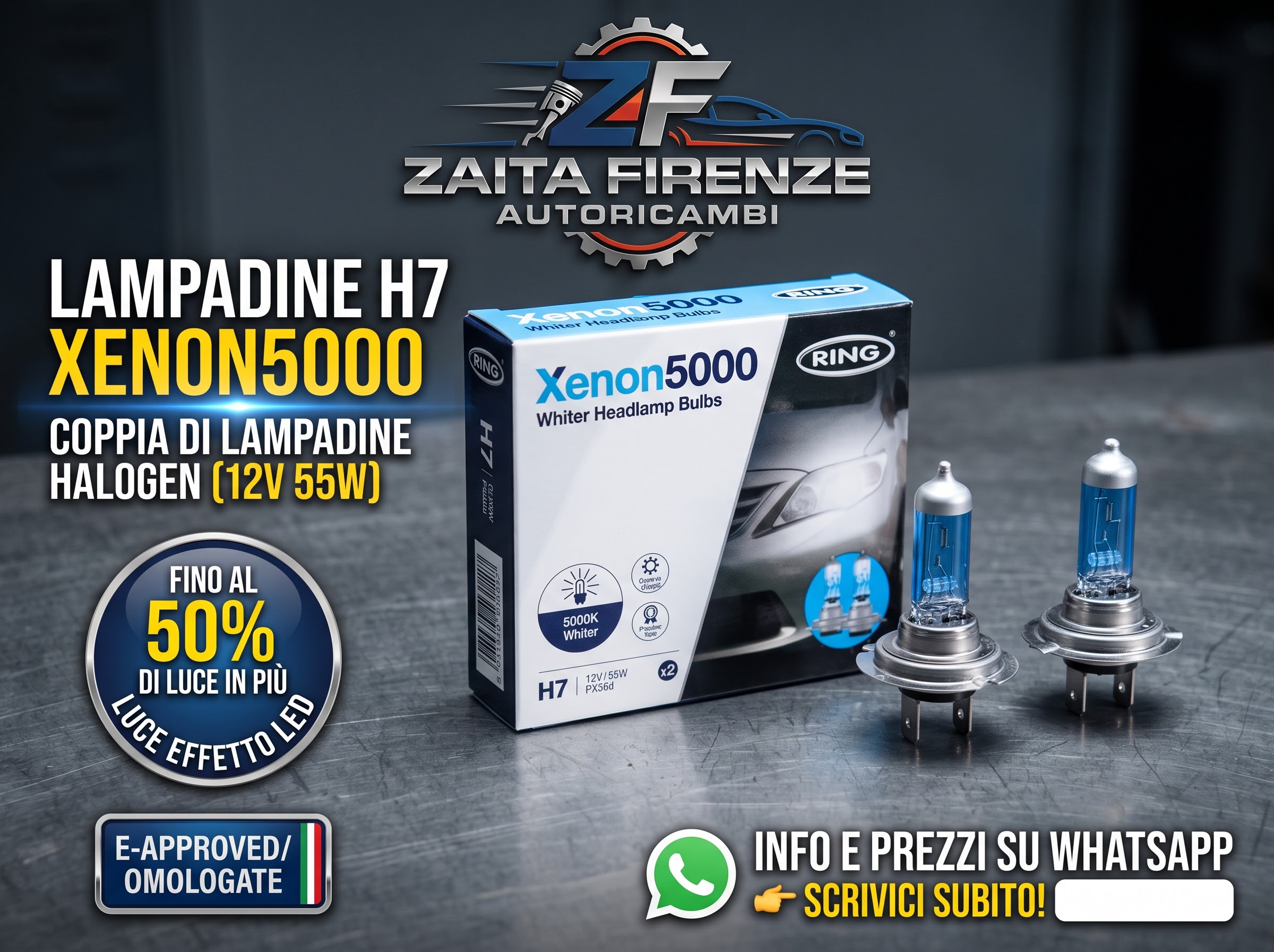 Coppia Lampadine H7 Ring Xenon5000 – Effetto Bianco Brillante (12V 55W)
