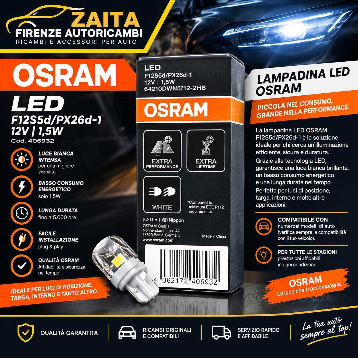 Lampadina LED OSRAM F12S5d/PX26d-1 12V 1,5W – Luce Bianca