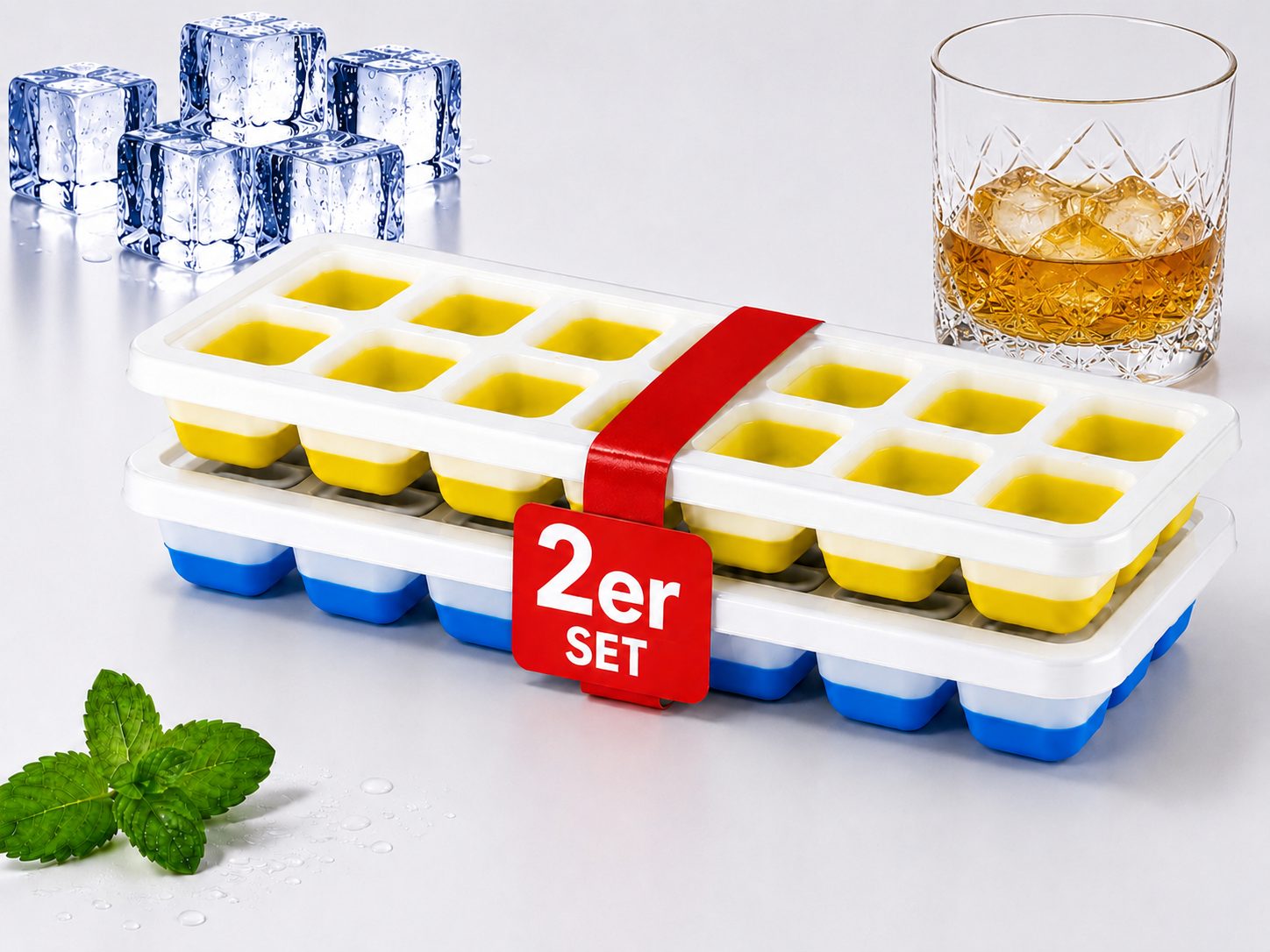 2x Eiswürfelform 14-Fach Silikon mit Deckel Eiswürfelbehälter Ice Tray Eis Cube.