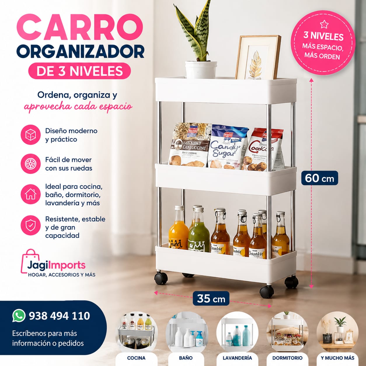 🛒 Carro Organizador de 3 Niveles con Ruedas – 60 x 35 cm