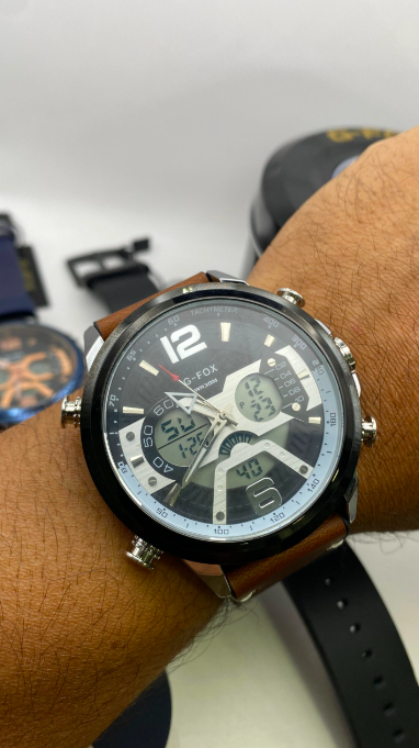 Reloj GFOX Original Hombre Cuero Analógico Digital Café y Plateado